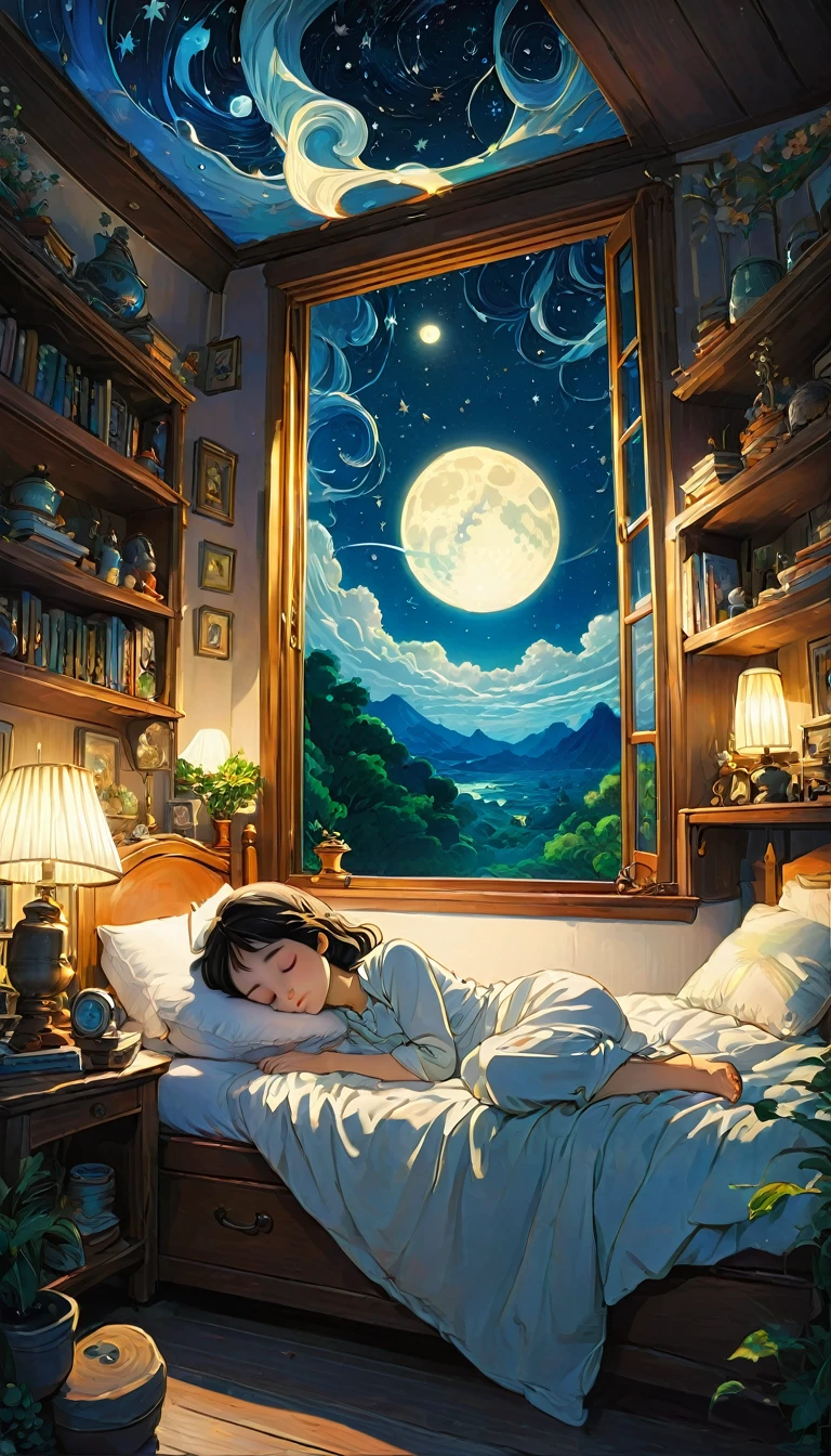 Night room, Studio Ghibli, Highest quality, masterpiece, so beautiful, Perfect composition, Intricate details, Very detailed、Girl sleeping in bed、Outside the window is a starry sky