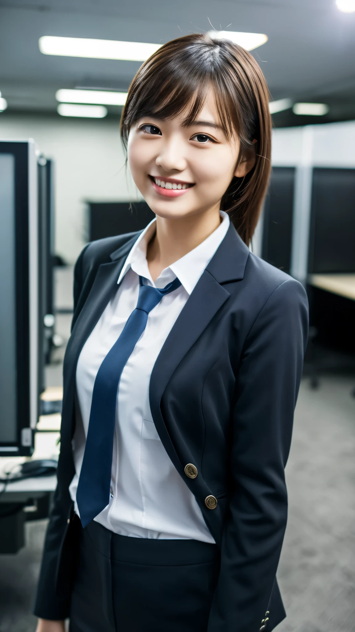 masterpiece, best quality, ultra high res, 1girl, 18 years old, office casual outfit, hacker's server room, ultra detailed photograph, (photorealistic), (intricate details), HDR, 8k resolution, (lens flare:0.5), light from far behind, (smile, joy) 
