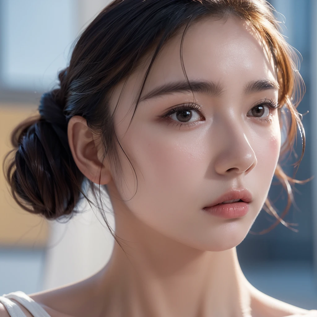 8k, top quality, masterpiece:1.2), (realistic, photo-realistic:1.37), top quality, masterpiece, beautiful young woman, pensive facial expression, thoughtful look, elegantly dressed, hair tied back, messy mood, cinematic backdrop, tired, light skin tone