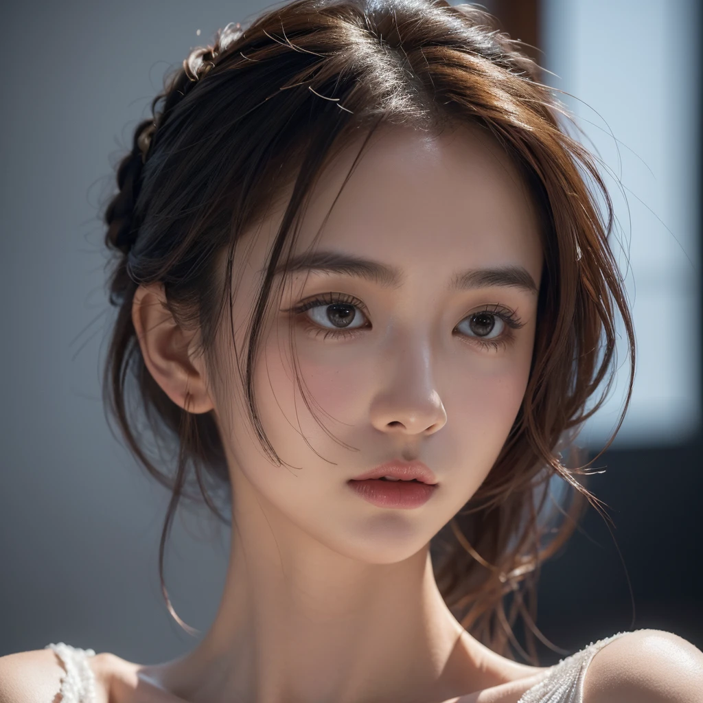 8k, top quality, masterpiece:1.2), (realistic, photo-realistic:1.37), top quality, masterpiece, beautiful young woman, pensive facial expression, thoughtful look, elegantly dressed, hair tied back, messy mood, cinematic backdrop, tired, light skin tone