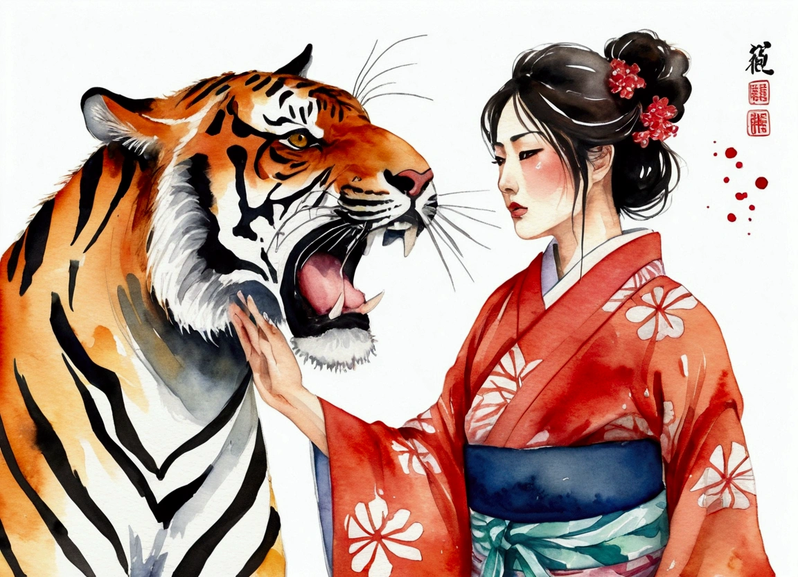 A beautiful Japanese woman in a kimono slaps a wild tiger in the face in the African plains　watercolor　watercolorアート　The woman has a stern look　The tiger looks sad and in pain　Ink illustration　Strong woman　