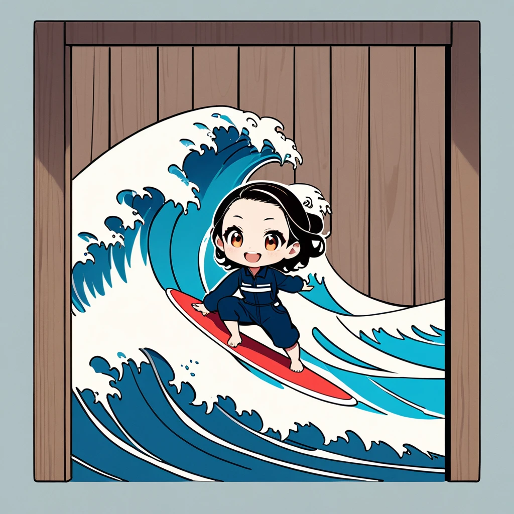 ultra-small deformation, Chibi Cute, 1girl, solo, full body, professional surfer, wearing a coveralls, surfing on top of wooden door instead of surfboard, big wave on the sea, smile, open mouth, High contrast and vivid color, simple background