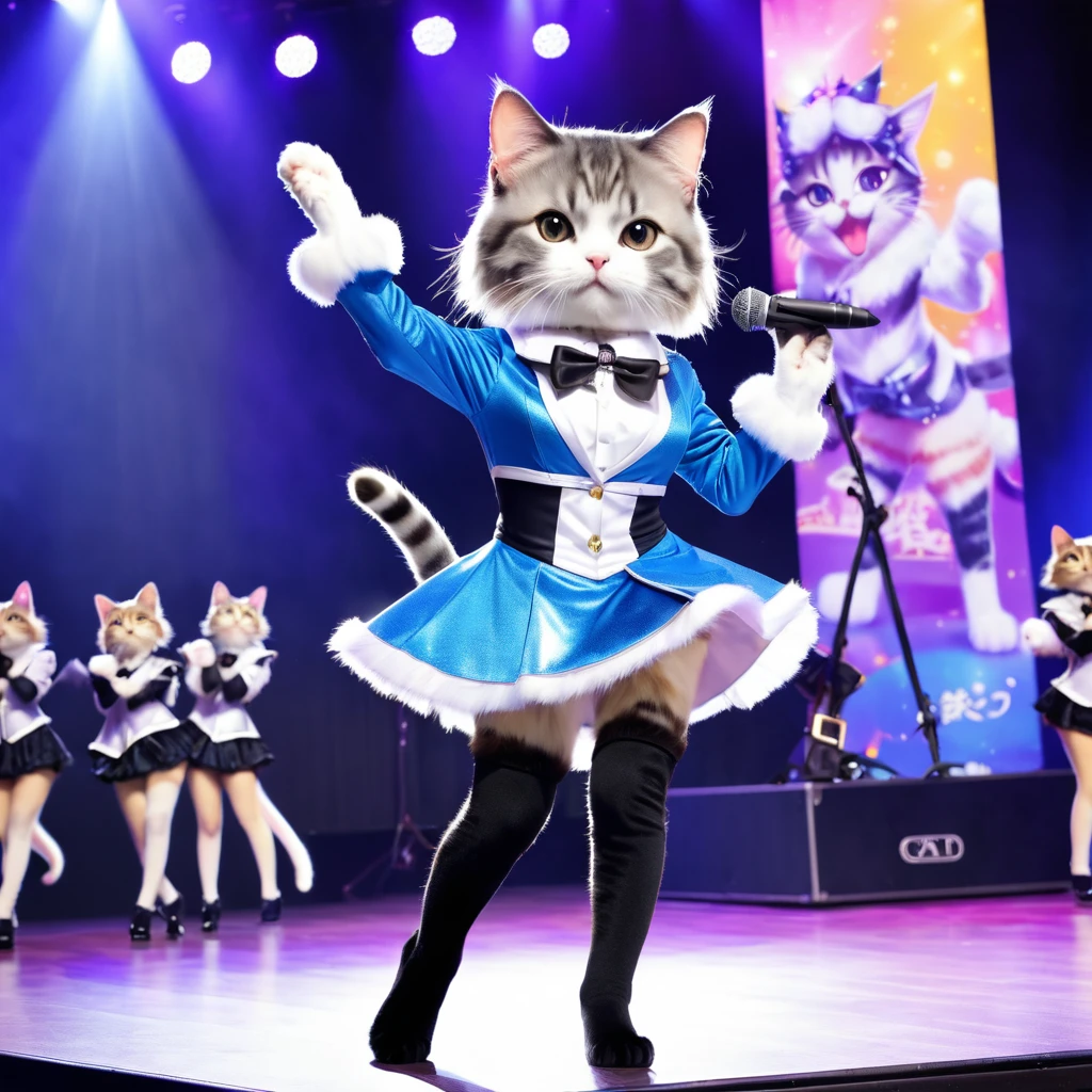 high quality, 最high quality, High resolution, masterpiece, 最高masterpiece, 8k, A cat wearing a cat idol costume, On live stage, Not personified, 前足2Book, Hind legs2Book, Stand in front of a microphone