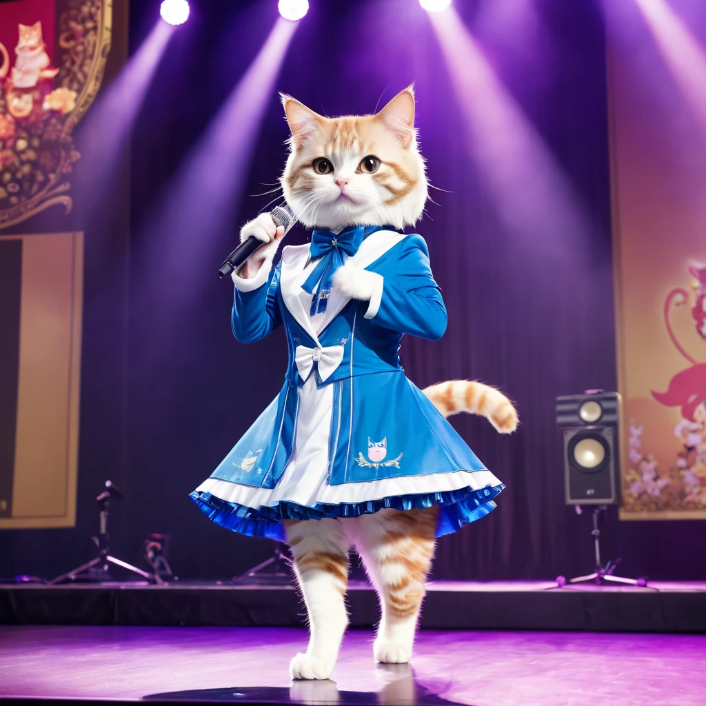high quality, 最high quality, High resolution, masterpiece, 最高masterpiece, 8k, A cat wearing a cat idol costume, On live stage, Not personified, 前足2Book, Hind legs２Book, Stand in front of a microphone