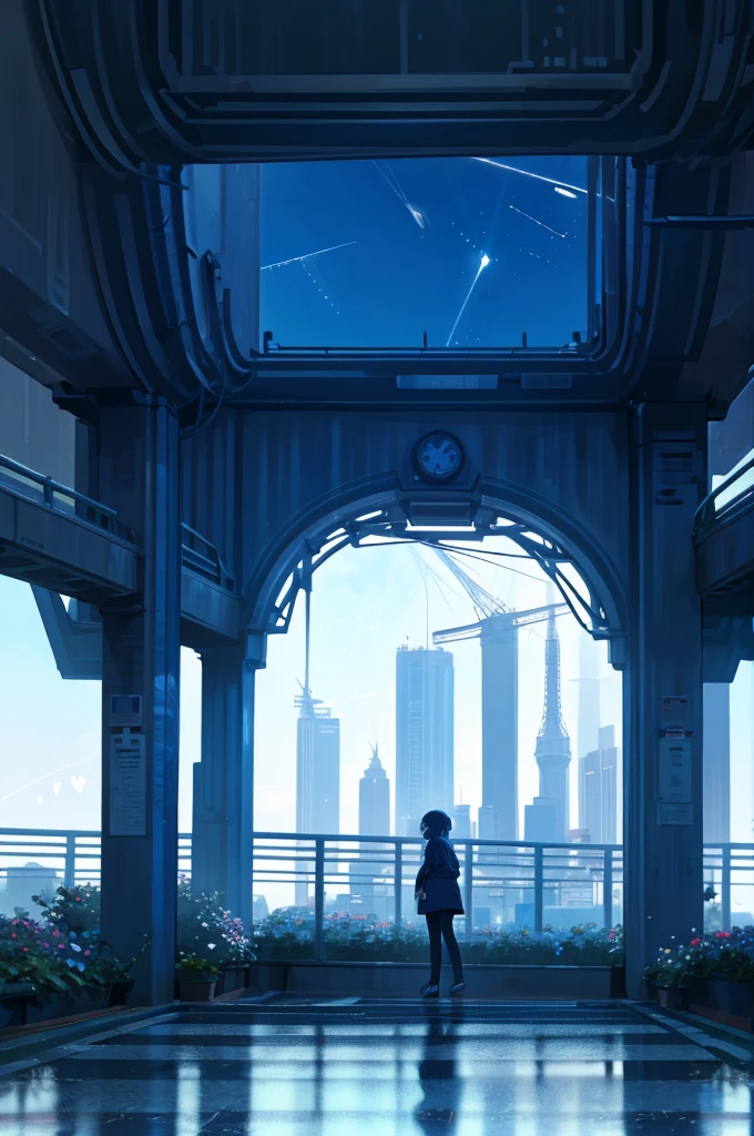 Generate anime-style images with futuristic city backgrounds。Skyscrapers tower over、Neon lights illuminate the city。The sky is a deep navy blue、A shooting star is falling。There are flying cars and skywalks in the city, and a square in one corner of the city.、There is a lawn and flower beds。Please do not include people