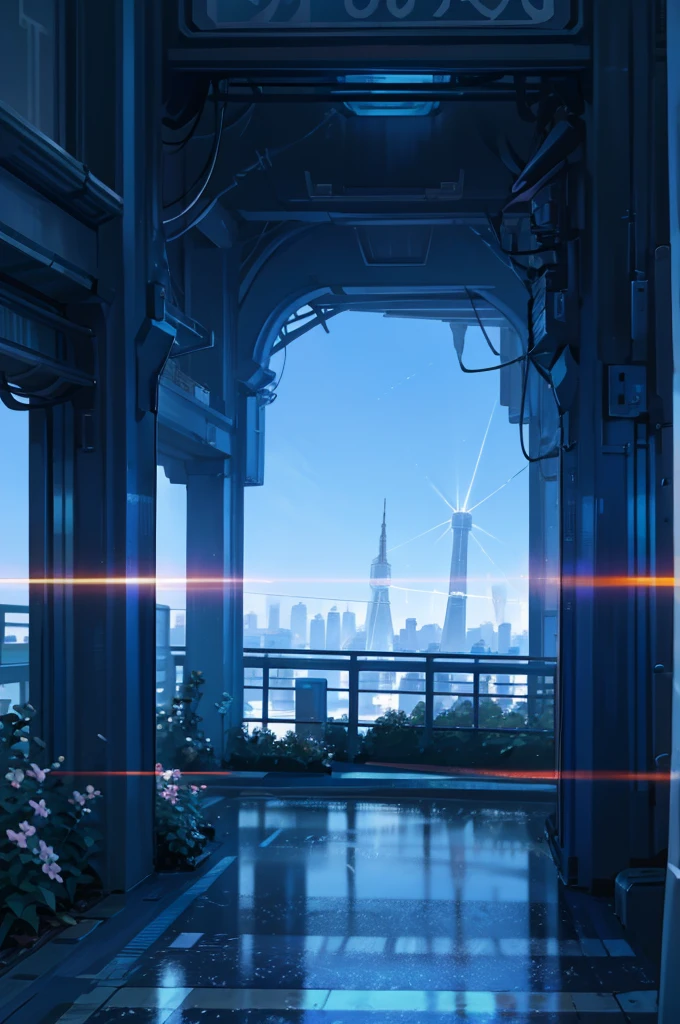 Generate anime-style images with futuristic city backgrounds。Skyscrapers tower over、Neon lights illuminate the city。The sky is a deep navy blue、A shooting star is falling。There are flying cars and skywalks in the city, and a square in one corner of the city.、There is a lawn and flower beds。Please do not include people