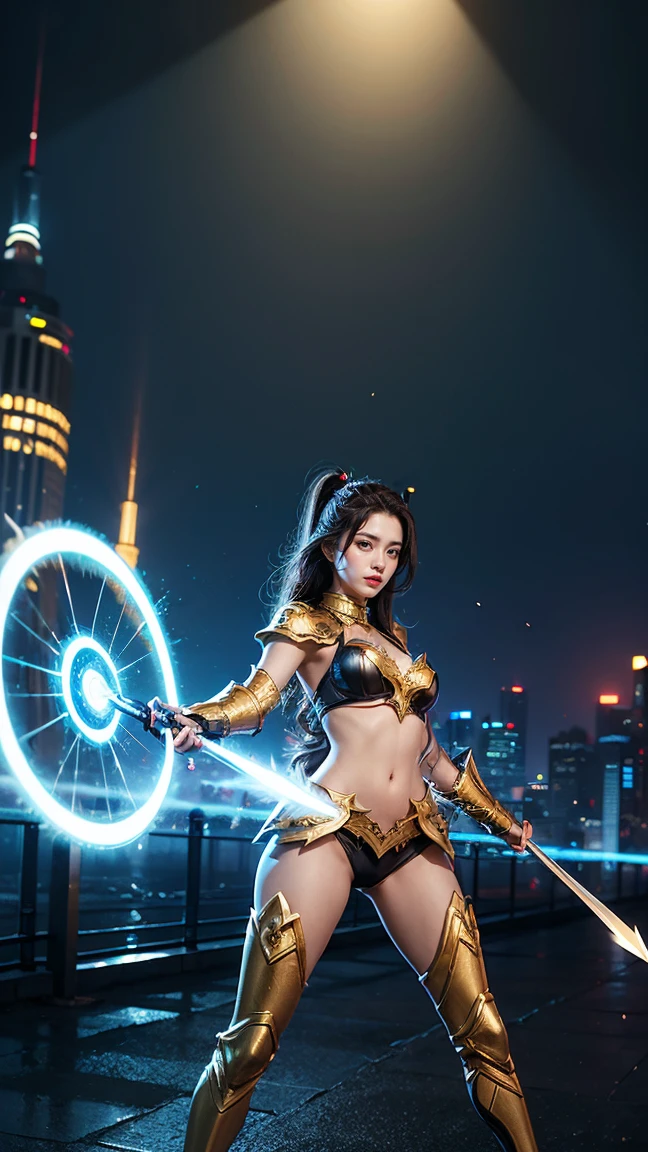 Create an image of Diana in her Sentinel skin from League of Legends by Riot Games, no having clothes,dressed in white and gold armor with glowing energy lines, wielding an ethereal crescent blade, in a futuristic, high-tech cityscape, have massive k-cups.