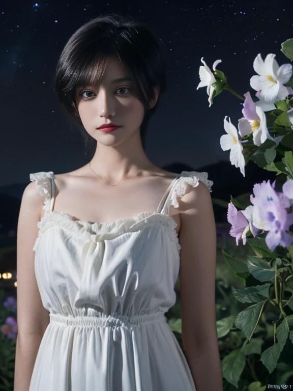 The night sky, rainbow starts, (Masterpiece, ultra-detailed), (oil painting style:1.2, impressionist palette style), (upper body, 1girl, black hair, long hair, white summer dress), (standing on the land), (night view, Many stars on the night sky, The Milky Way, colorful flowers), inpact view