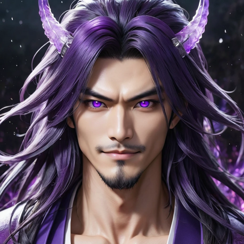 I want a human with a more human appearance and of Japanese ethnicity, man, I want him to have a mean smile, and an extremely strong purple demonic aura that surrounds his entire being, This man will have long hair and wear Daimyo&#39;s luxury clothes, will have scarlet purple eyes and appear to be 26 years old at most. captured in an ultra-realistic full HD 4K portrait, detailed texture showing its menacing shape, Immersive atmosphere, high definition shadow play, digitalpainting, nevoa no environment. I want a different monster from each other and make the image darker, obscure, creating a dark and dimly lit horror atmosphere!