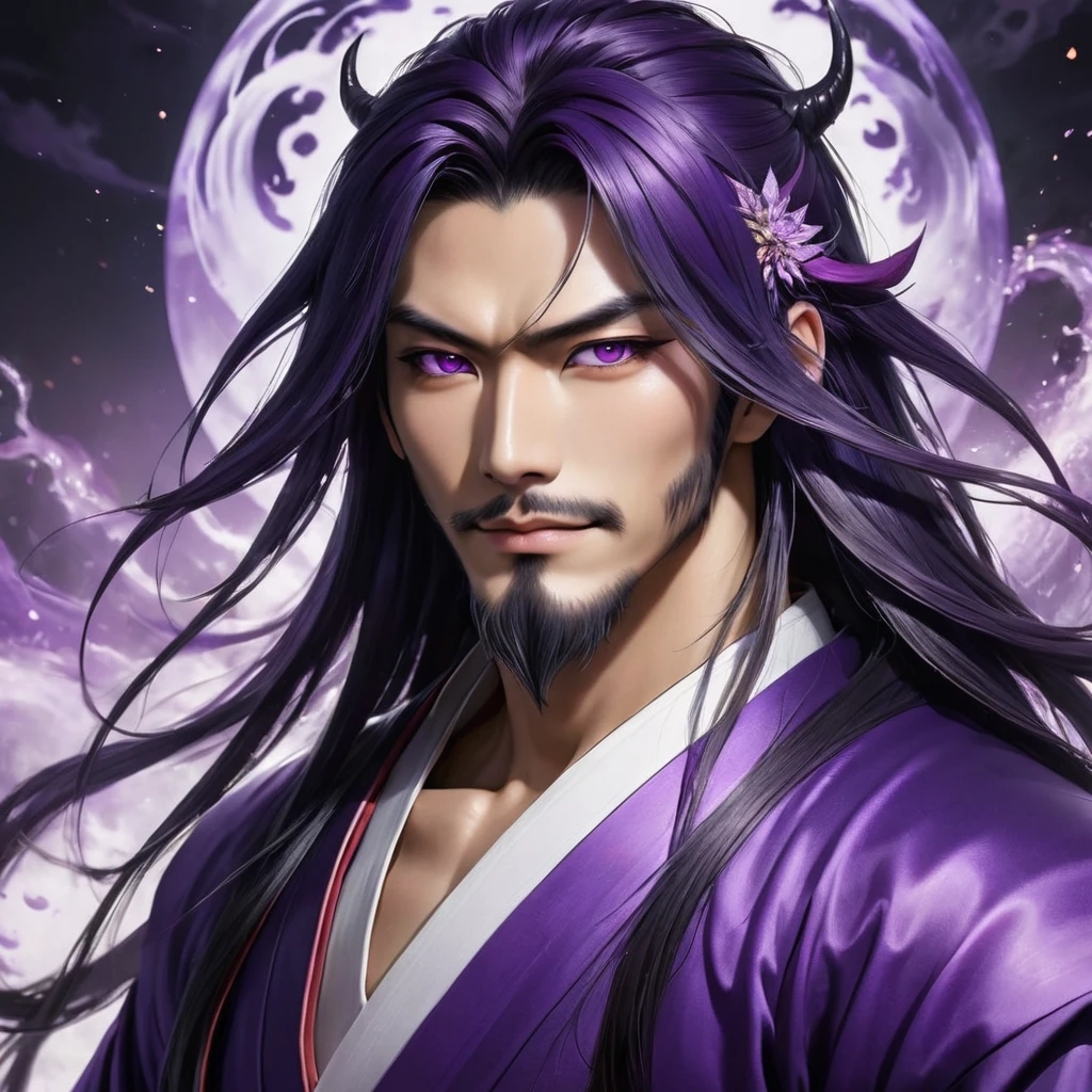 I want a human with a more human appearance and of Japanese ethnicity, man, I want him to have a mean smile, and an extremely strong purple demonic aura that surrounds his entire being, This man will have long hair and wear Daimyo&#39;s luxury clothes, will have scarlet purple eyes and appear to be 26 years old at most. captured in an ultra-realistic full HD 4K portrait, detailed texture showing its menacing shape, Immersive atmosphere, high definition shadow play, digitalpainting, nevoa no environment. I want a different monster from each other and make the image darker, obscure, creating a dark and dimly lit horror atmosphere!
