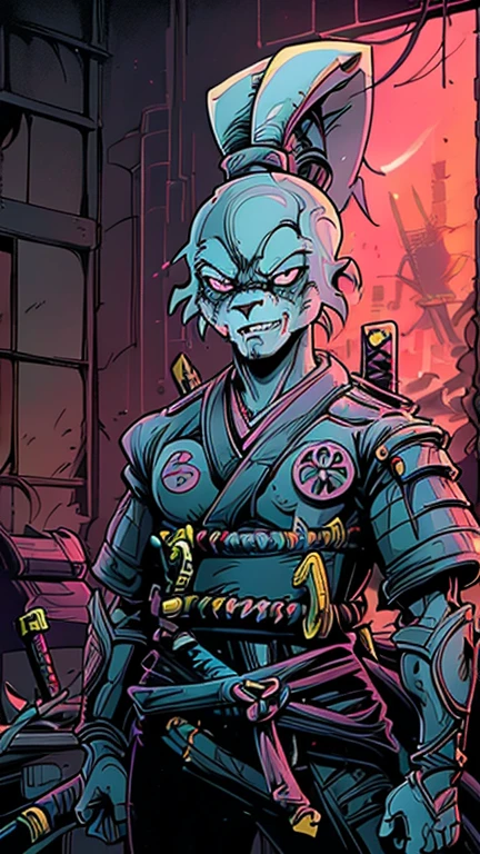 (Teens:1boy: usagi yojimbo), (extremely detailed CG unit 8k wallpaper),(master part), (best quality), (ultra detail), (best illustration),(melhor ombre), cowboy shot, (Sharp eyeliner, ombre, detail eyes:1),dark glowing neon light post apocalyptic interiors background, , break , (samurai), upper body