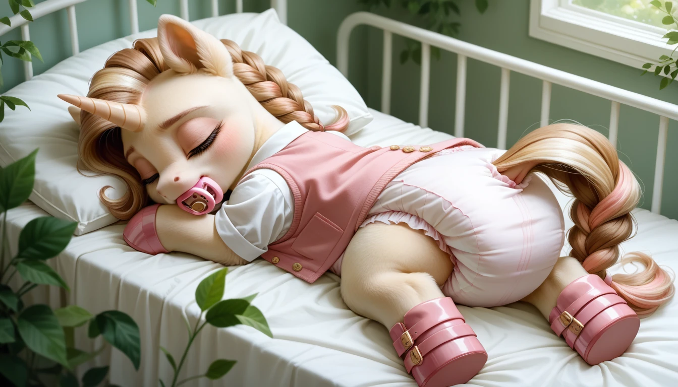 pony, light caramel unicorn, adult mare, sleeps in an adult-sized crib, closed eyes, lush mane braided, bushy tail, dressed in a bright pink vest and pink booties, pink pacifier in mouth, solo, thick light pink diaper under clothes.