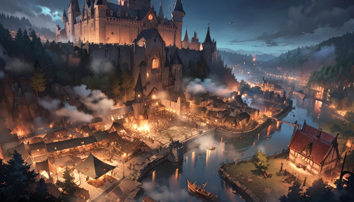 (masterpiece、premium quality、ultra detailed) , at night, Map of ruined city, mysterious, full of fog, plague,massacre, where people are killed, death, forest, hospitale, castle, amusement park, river, church.