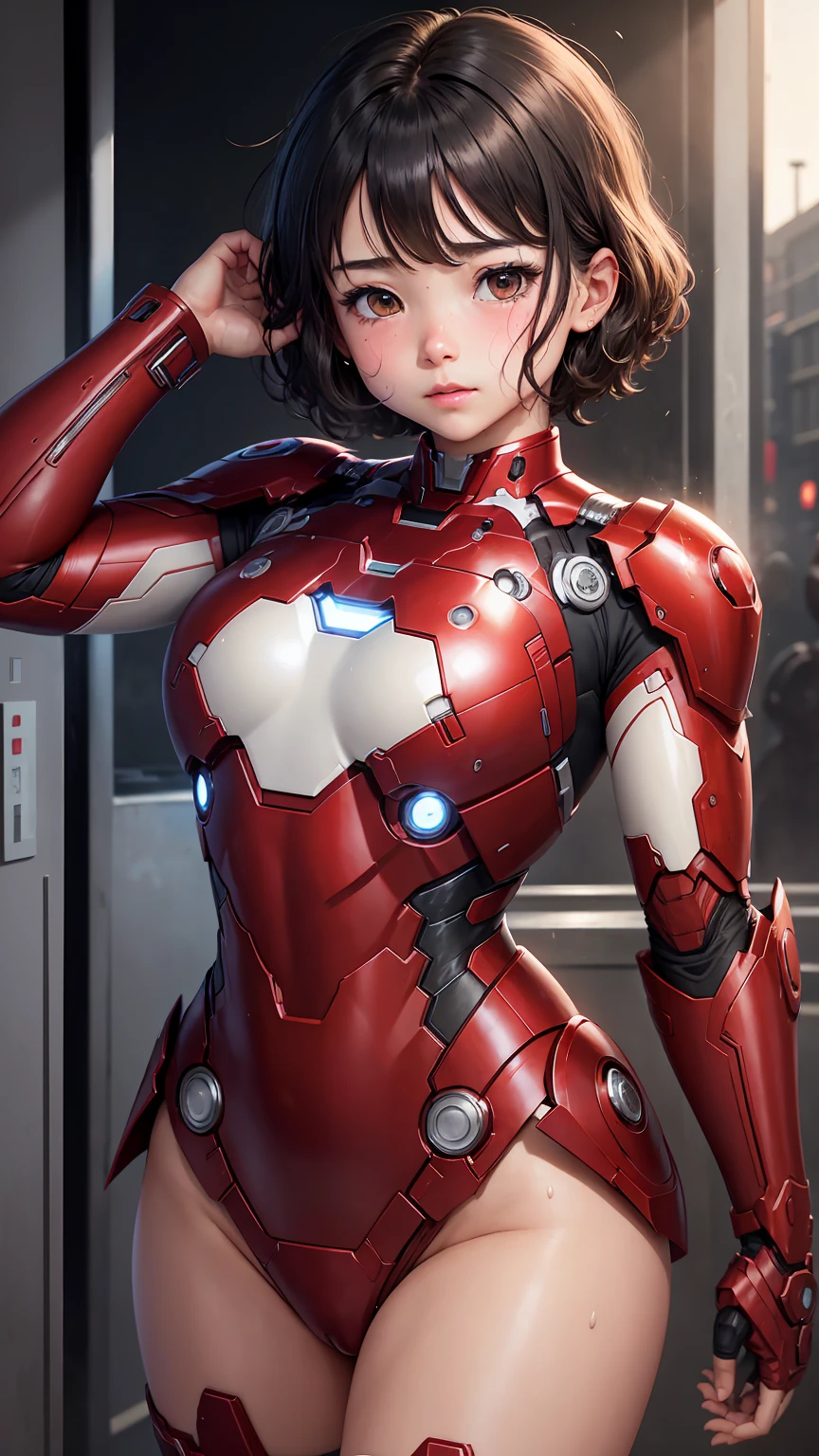 Highest quality　8k Iron Man Suit Girl　Elementary school girl　Sweaty face　cute　short hair　boyish　Steam coming from the head　My hair is wet with sweat　Black Hair