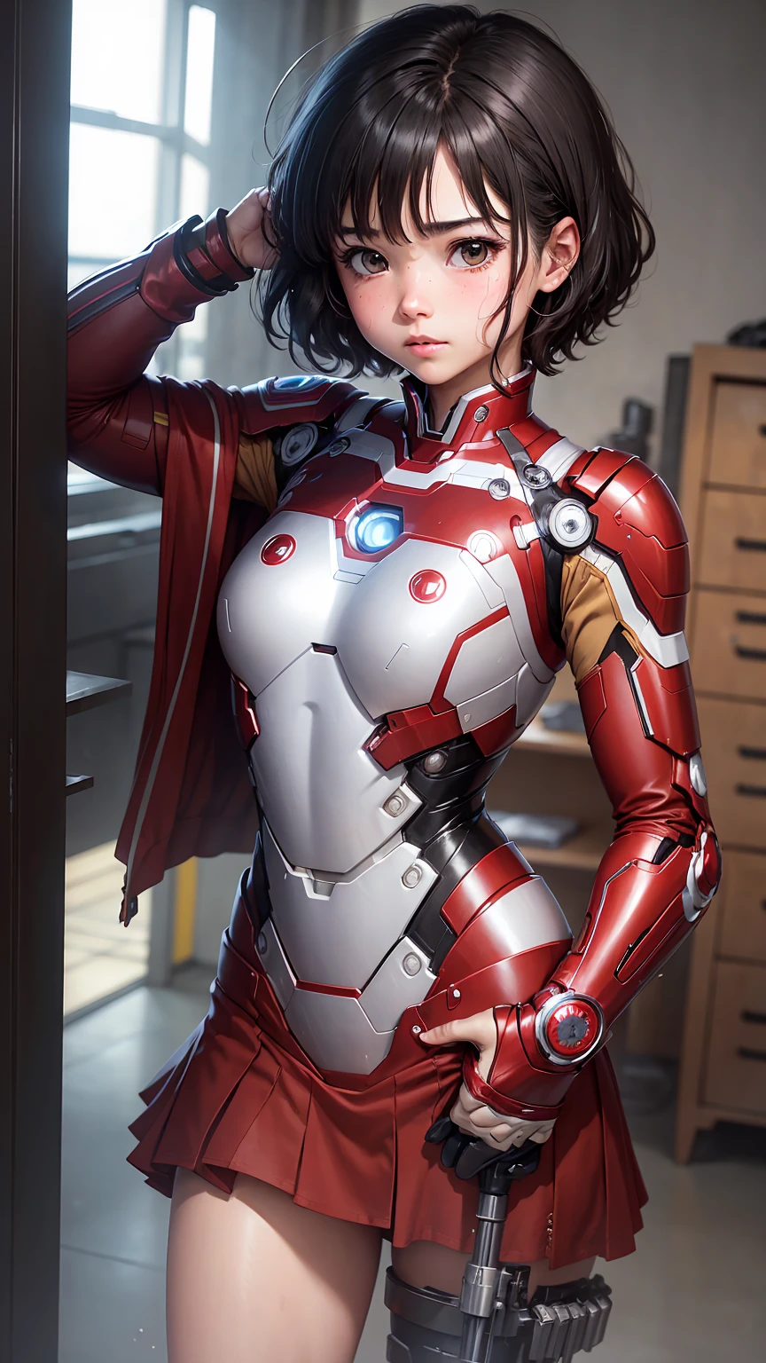 Highest quality　8k Iron Man Suit Girl　Elementary school girl　Sweaty face　cute　short hair　boyish　Steam coming from the head　My hair is wet with sweat　Black Hair