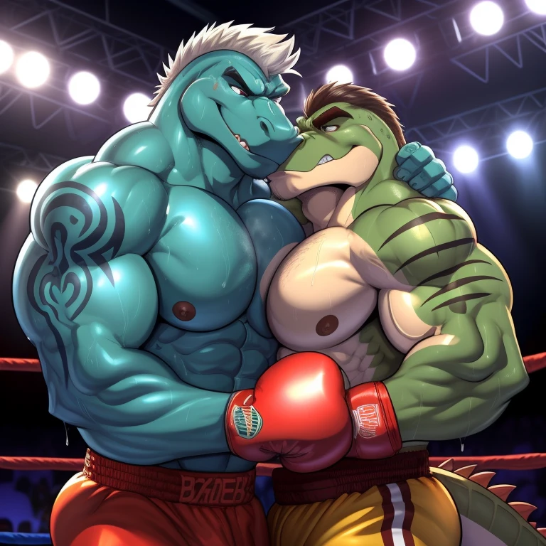 Duo male(Gray Wolf vs Green Gator, handsomes, handsome hairstyle, Thick eyebrows, detailed face), gay(cuddling embraced, on a boxing match), hot(Shirtless), handsomes(They are handsomes, correct anatomy), musculosos(Big muscle bodies, Six packs, muscle abs, big pecs), sweaty(very sweaty wet bodies, shiny sweat), tatuajes(they have tattoos), grumpy(Both have an grumpy expression, grumpy teeths, steaming breath), boxing gloves(They both are wearing boxing gloves), Hight resolution, by(Zourik:1.1)