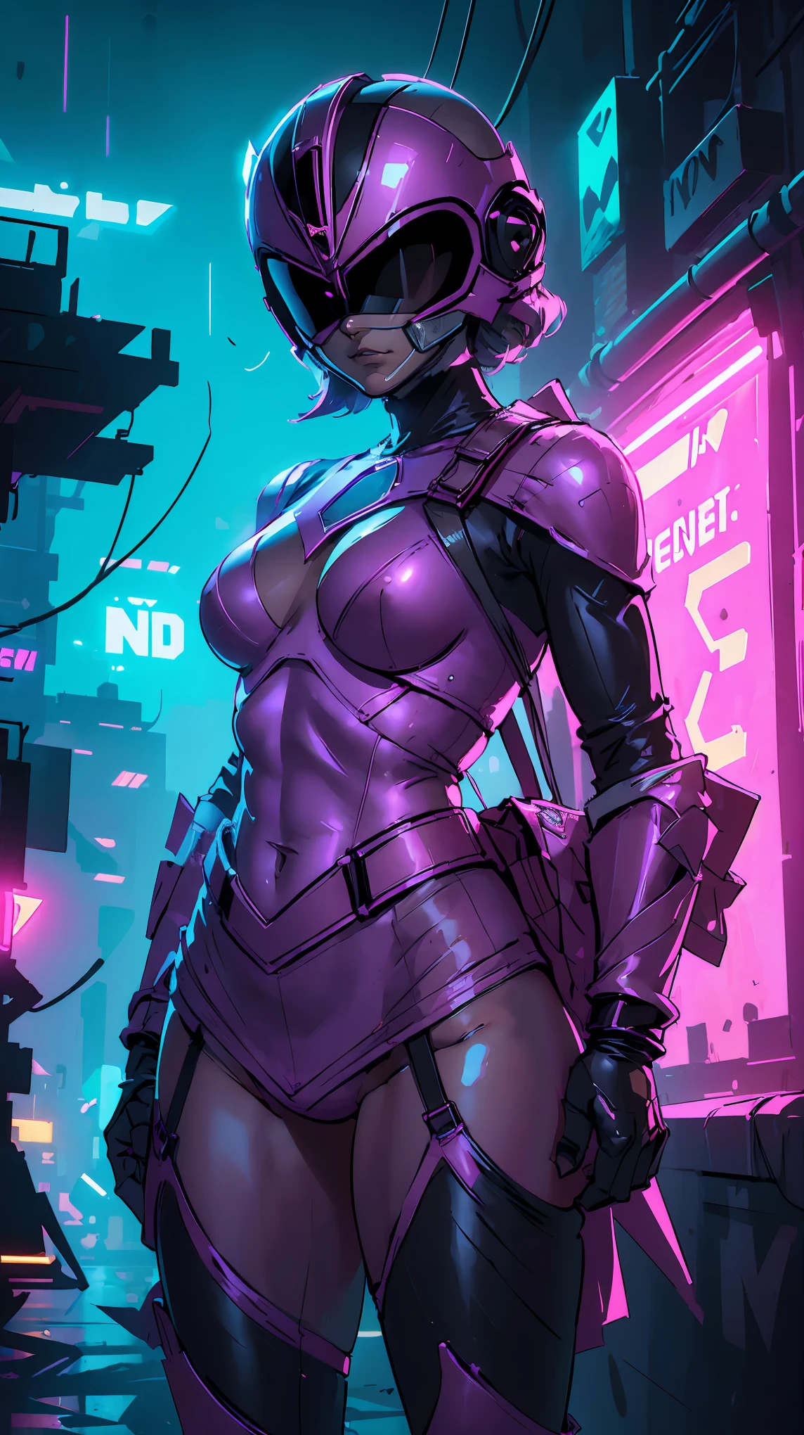 Score_9, Score_8_up, Score_7_up, Score_6_up, Score_5_up, Score_4_up, source_cartoon,Highest quality,masterpiece,One girl,alone,((())),(((Young body type))),Japanese Girls,Very cute and beautiful girl,Very exquisite beautiful face and eyes,a bit,Cute Face,Nice face,Baby Face,A shy smile,Showing teeth,Hairless,bald,Flat Chest,skinny,thin,Very good,Cameltoe,No pants, Hairless vagina,(((Wearing a sexy, revealing pink Power Ranger costume,Pink Helmet,Black hero mask style))),(((She is taking a graceful fighting stance))),(((Cyberpunk Gotham City standing in the dark midnight neon light))),She is looking at the audience