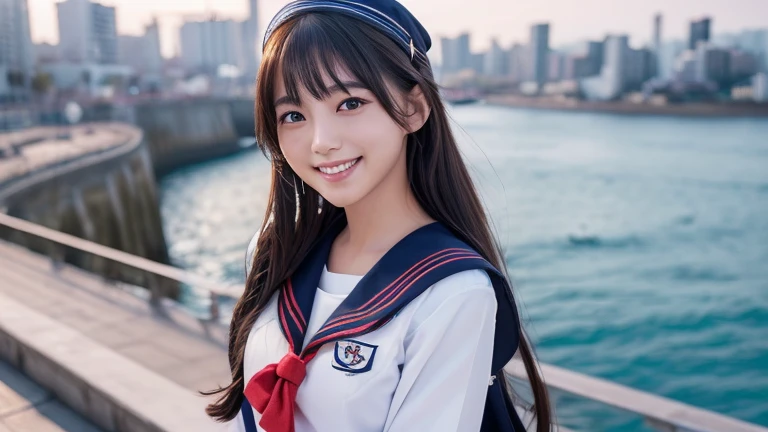 (Highly detailed CG Unity 8K wallpapers, Highest quality, Very detailed, High resolution, masterpiece, Realistic, photoRealistic:1.5), (Cute Japanese Girl), Very detailed顔, Face Focus, Beautiful attention to detail, Eye focus, (Detailed Background), Detailed clothing, Very detailed肌, Japanese school girl uniform:1.5), (Sailor suit uniform:1.5),, (Beautiful port city slope background:1.5), Long Hair, Black Hair, Mid-chest, Medium sized butt, (compensate), (Adorable smile:1.3), (throw:1.6),、Perfect body、1 female、Back view