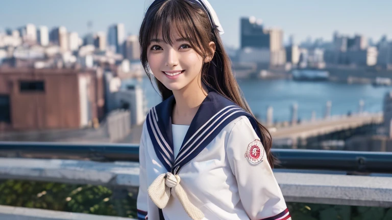 (Highly detailed CG Unity 8K wallpapers, Highest quality, Very detailed, High resolution, masterpiece, Realistic, photoRealistic:1.5), (Cute Japanese Girl), Very detailed顔, Face Focus, Beautiful attention to detail, Eye focus, (Detailed Background), Detailed clothing, Very detailed肌, Japanese school girl uniform:1.5), (Sailor suit uniform:1.5),, (Beautiful port city slope background:1.5), Long Hair, Black Hair, Mid-chest, Medium sized butt, (compensate), (Adorable smile:1.3), (throw:1.6),、Perfect body、1 female、Back view