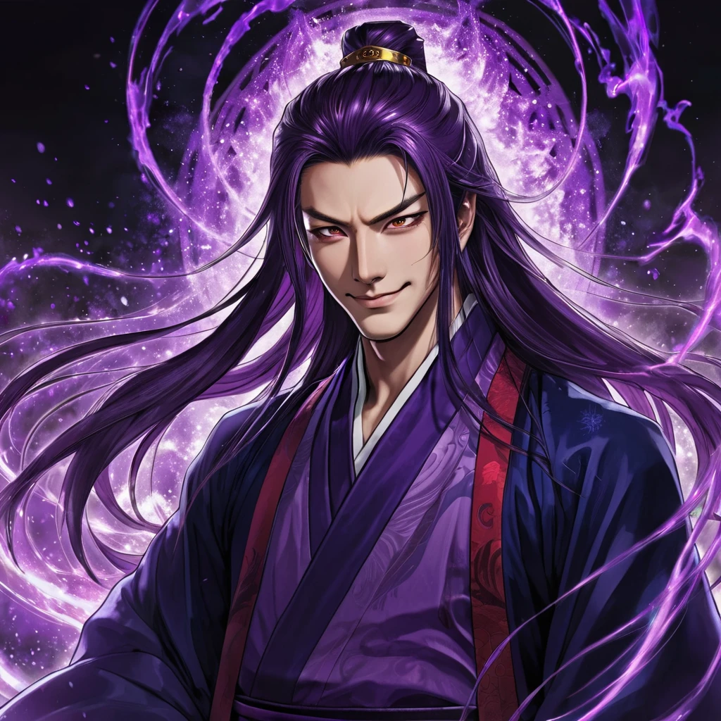 I want a human with a more human appearance and of Japanese ethnicity, man, I want him to have a mean smile, and an extremely strong purple demonic aura that surrounds his entire being, This man will have long hair and wear Daimyo's luxury clothes, will have scarlet purple eyes and appear to be 26 years old at most. captured in an ultra-realistic full HD 4K portrait, detailed texture showing its menacing shape, Immersive atmosphere, high definition shadow play, digitalpainting, nevoa no environment. I want a different monster from each other and make the image darker, obscure, creating a dark and dimly lit horror atmosphere!