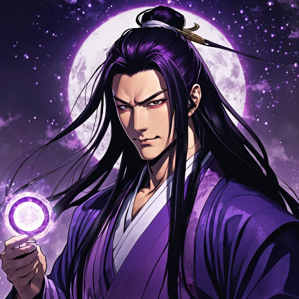 I want a human with a more human appearance and of Japanese ethnicity, man, I want him to have a mean smile, and an extremely strong purple demonic aura that surrounds his entire being, This man will have long hair and wear Daimyo&#39;s luxury clothes, will have scarlet purple eyes and appear to be 26 years old at most. captured in an ultra-realistic full HD 4K portrait, detailed texture showing its menacing shape, Immersive atmosphere, high definition shadow play, digitalpainting, nevoa no environment. I want a different monster from each other and make the image darker, obscure, creating a dark and dimly lit horror atmosphere!