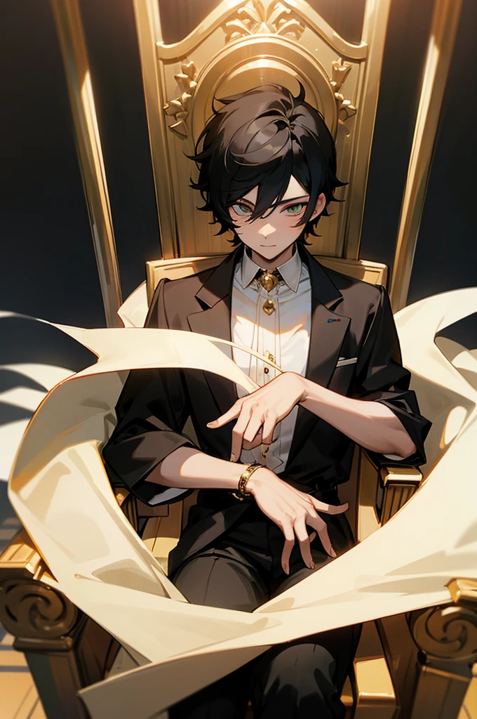 black hair boy  boy sitting on a throne, golden eye