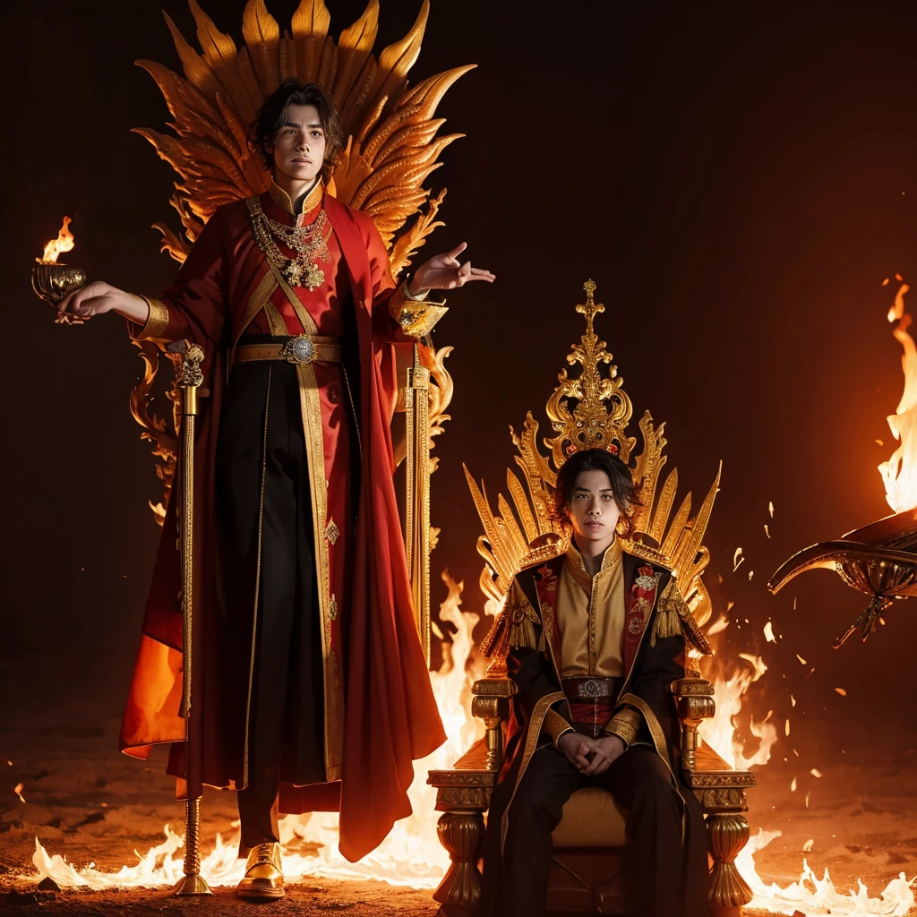 a fiery king in a royal suit with a fiery phoenix and in his hands and in the other a spear sitting on a throne