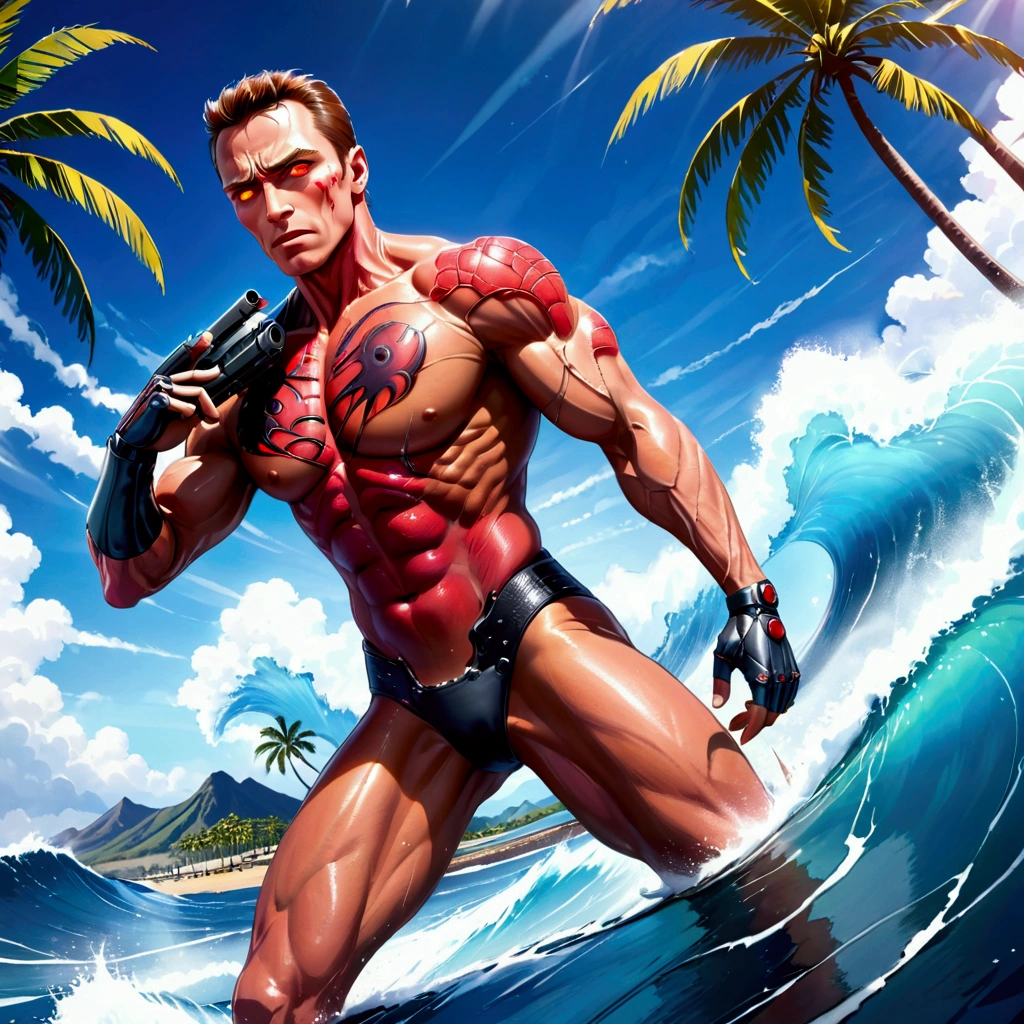 (riding a surf board) Arnold Schwarzenegger as T-800 battle damaged,1990s,wielding machine gun,riding surfboard,intense horror sci-fi,Hawaii,photorealistic,hyperdetailed,high contrast lighting,gritty,dramatic posing,muscular body,metallic exoskeleton,glowing red eyes,steam venting,ocean waves,palm trees,cloudy sky
