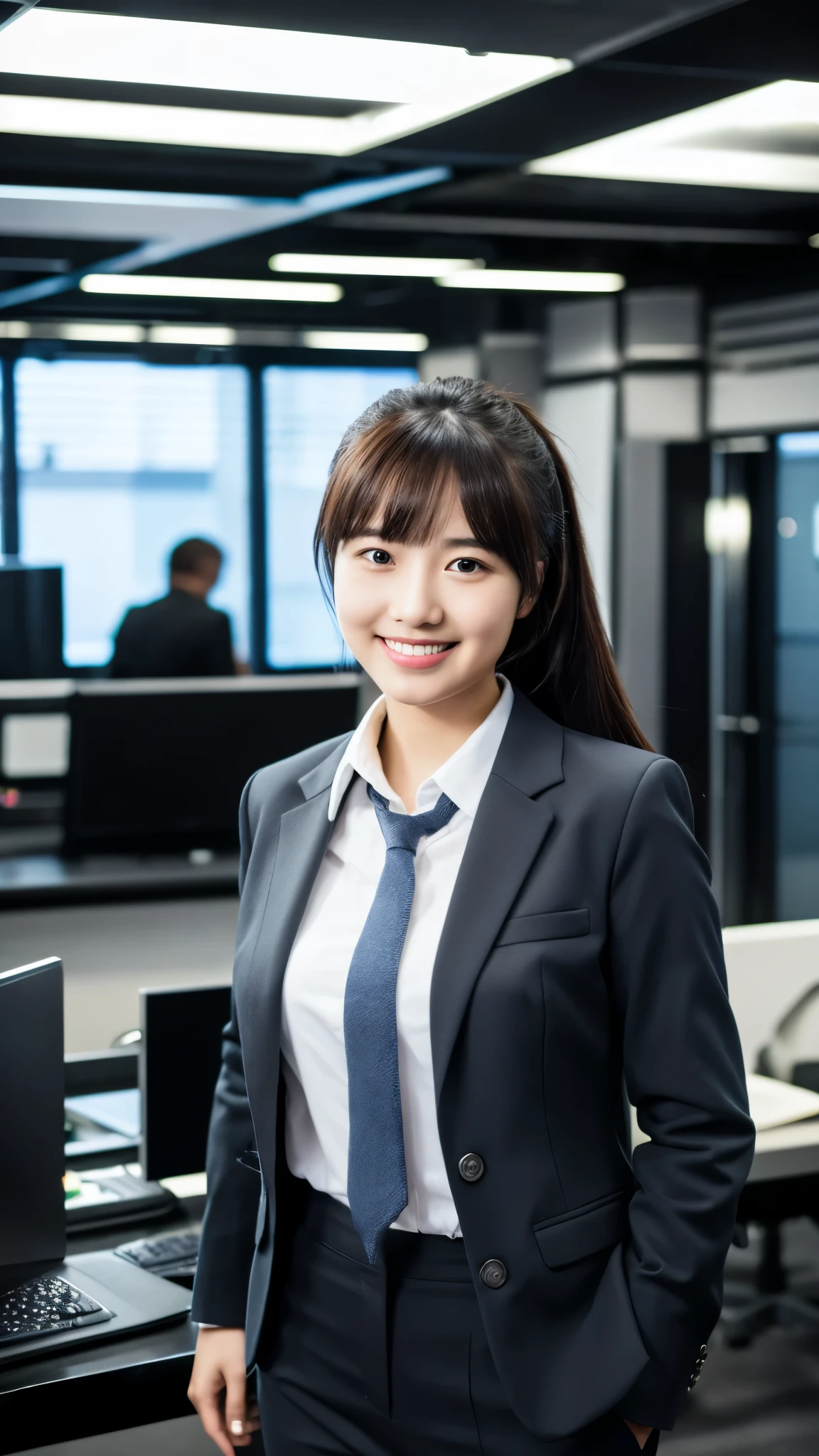 masterpiece, best quality, ultra high res, 1girl, 18 years old, office casual outfit, hacker's server room, ultra detailed photograph, (photorealistic), (intricate details), HDR, 8k resolution, (lens flare:0.5), light from far behind, (smile, joy)