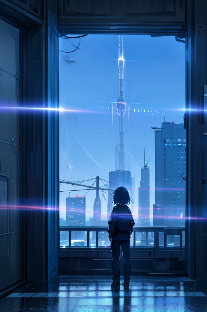 Generate anime-style images with futuristic city backgrounds。Skyscrapers tower over、Neon lights illuminate the city。The sky is a deep navy blue、A shooting star is falling。There are flying cars and skywalks in the city, and a square in one corner of the city.、There is a lawn and flower beds。Please do not include people Use as many pastel colors as possible.