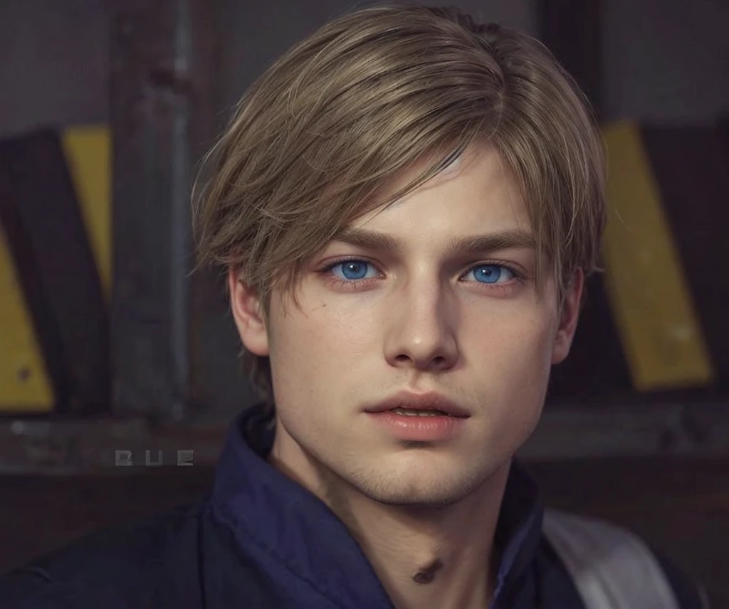 Realistic art of a young blond adult with blue eyes, brother of Leon Kennedy from Resident Evil, with several features similar to his brother, realistic art