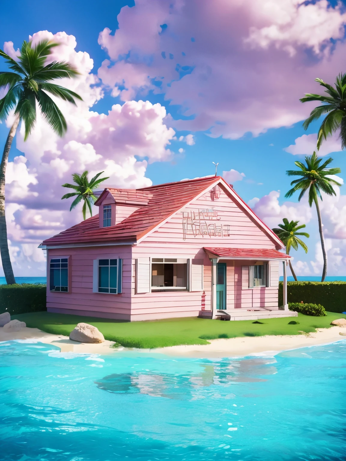 (masterpiece, best quality:1.2), professional lightings, cinematic lightings, 8k wallpaper, (ultra realistic & detailed exterior of Kame house, red open gable roof, pink painted wall), palm trees, island surrounded by aqua marine ocean, Kame house house built on green turf, small beach in front, on tiny & narrow island, cumulonimbus in blue sky, 