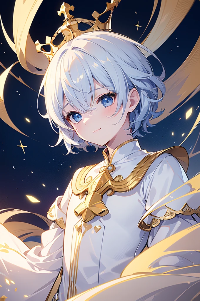 (Highest quality) (4K) (8k) (High resolution) (masterpiece:1.2) (Super detailed) One boy short hair Wizard Blue Eyes Long sleeve Golden decoration Hair between the eyes White Dress Wavy golden hair Upper Body (large crown) (White Background) (profile) Face close-up ((Young)) smile Activate magic (Small body) ((Dress shirt)) Blue decoration