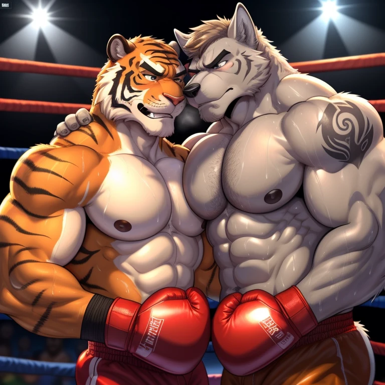 Duo male(Gray Wolf vs Orange Tiger, handsomes, handsome hairstyle, Thick eyebrows, detailed face), gay(cuddling embraced, on a boxing match), hot(Shirtless), handsomes(They are handsomes, correct anatomy), musculosos(Big muscle bodies, Six packs, muscle abs, big pecs), sweaty(very sweaty wet bodies, shiny sweat), tatuajes(they have tattoos), grumpy(Both have an grumpy expression, grumpy teeths, steaming breath), boxing gloves(They both are wearing boxing gloves), Hight resolution, by(Zourik:1.1)