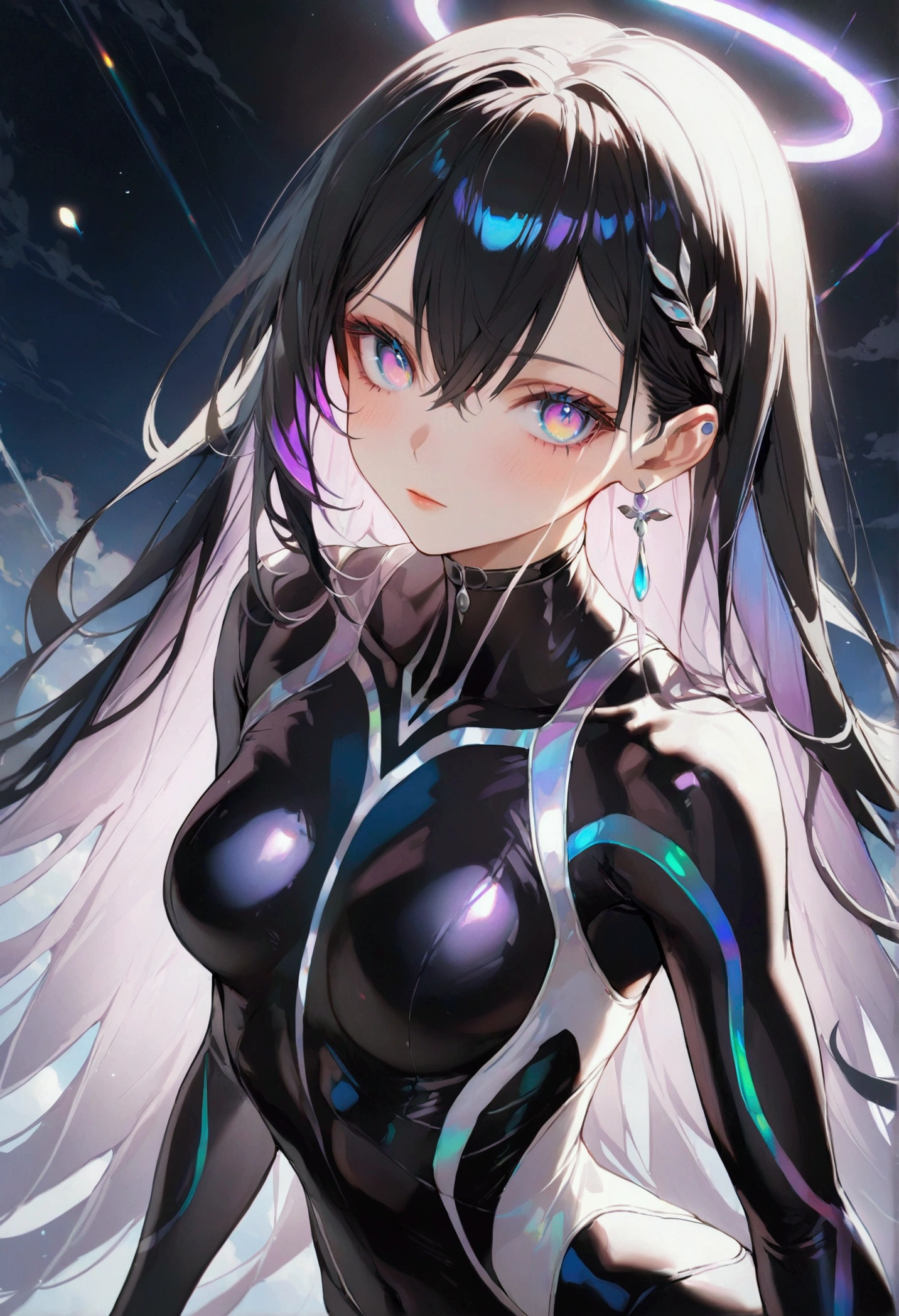 A girl with long dark iridescent hair, iridescent eyes, fair skin tone, slender and athletic built, bodysuit, detailed hair, detailed eyes, detailed body, aesthetic, best quality, 8k