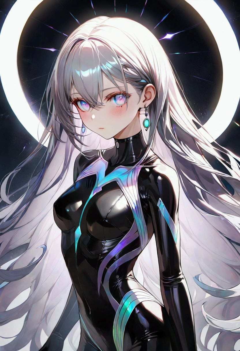 A girl with long dark iridescent hair, iridescent eyes, fair skin tone, slender and athletic built, bodysuit, detailed hair, detailed eyes, detailed body, aesthetic, best quality, 8k