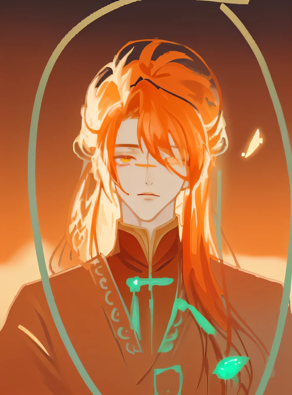 masterpiece, best quality, 1 male, Sunlight Cheerful,youth, Fox Eyes,Quacks,Orange hair,Dark theme, Chinese ancient style Jianghu sect leader, Headband, Sunlight, In the small pavilion on the lake, Floating Jade Dice, Rainbow Lights, Foam Swirl, Wind Blow, Aurora, Fantasy Landscape, Starlight around the character,whole body