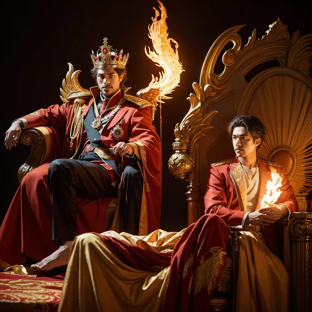 a fiery king in a royal suit with a fiery phoenix bird and in his hands and in the other a spear sitting on a throne