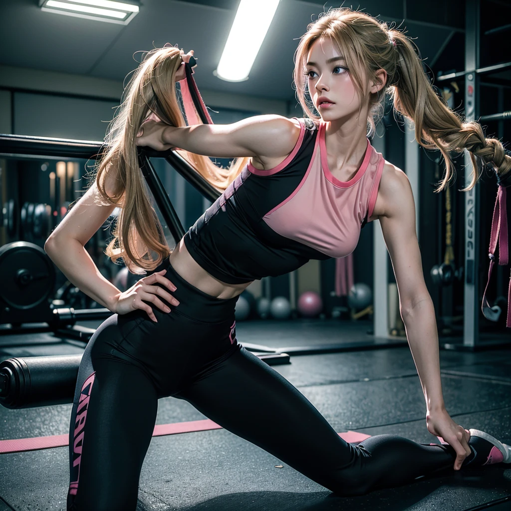 Masterpiece, Best Quality, 8K, Photographic Reality, Realistic, Octane Rendering, Japanese Gym Exercise (1 woman: 1.4), (Only one woman shown in the picture: 1.4), (Long blonde hair), (Pink sports vest|black yoga pants), (Blue eyes) Side display