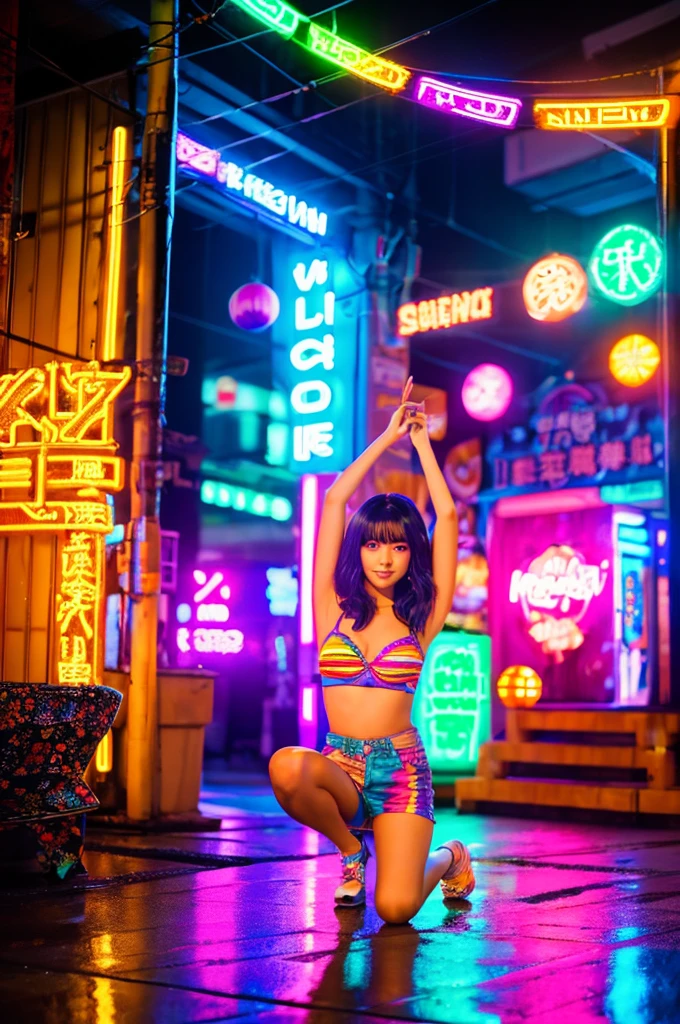 
This image features a beautiful Japanese girl.、It was taken in a room。The background features neon lights and colorful decorations.、It creates a pop and fantasy atmosphere.。Her outfit iade of a thin fabric that reflects brilliant light.、The bra top in particular appears to be glowing.。The trousers are colorful too.、Has a watermark pattern。She got up on one knee、She is gazing at the camera in a relaxed pose.、The look is cool and confident。As a photographic technique、Use neon lights to skillfully incorporate colorful light reflections and shadows.、It gives a realistic feel.。Adjust the composition in portrait mode、The photo effectively frames her entire body and the decorations in the background.。