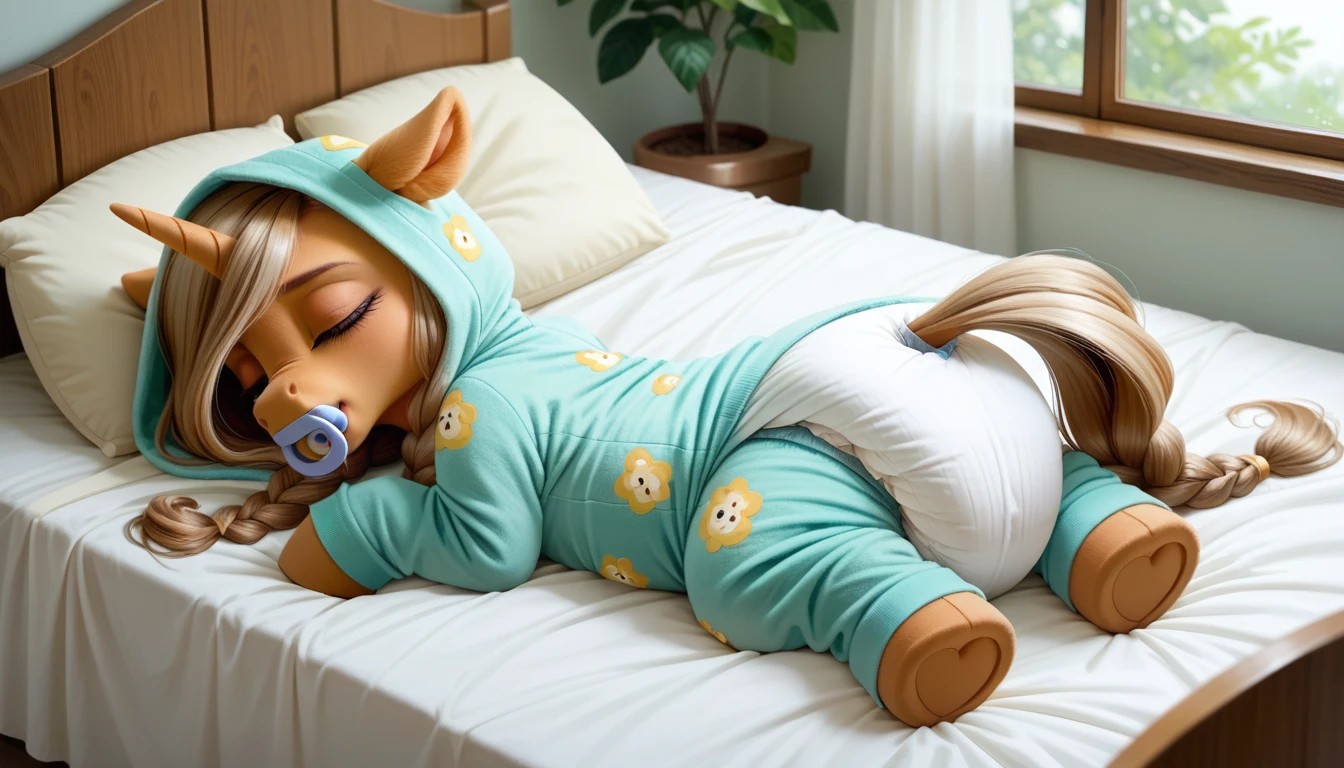 pony, light caramel unicorn, adult mare, sleeps in an adult-sized crib, closed eyes, lush mane braided, bushy tail, dressed in an onesie adult size and booties adult size, pacifier in mouth, solo, thick diaper under clothes.