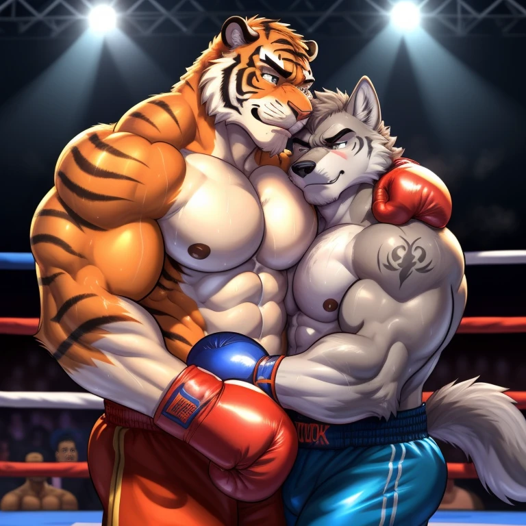 Duo male(Gray Wolf vs Orange Tiger, handsomes, handsome hairstyle, Thick eyebrows, detailed face), gay(cuddling embraced, on a boxing match), hot(Shirtless), handsomes(They are handsomes, correct anatomy), musculosos(Big muscle bodies, Six packs, muscle abs, big pecs), sweaty(very sweaty wet bodies, shiny sweat), tatuajes(they have tattoos), grumpy(Both have an grumpy expression, grumpy teeths, steaming breath), boxing gloves(They both are wearing boxing gloves), halfbody, Hight resolution, by(Zourik:1.1)