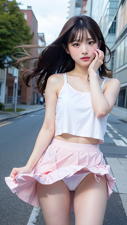 ((Peeking up a skirt)), ((White underwear)), ((Strong winds)), (Embarrassing, blush, ):1.4, Highly detailed skin, masterpiece:1.4, Photorealistic, RAW Photos, 8k resolution, Ultra HD, Perfect Style, Close to the audience, (Anatomically correct),  (Windy Upskirt:1.4), (Blowing in the Wind:1.5), ((street)), (Cowboy Shot:1.4), (Perfect hands, Detailed fingers):1.5、(((Soft white flared mini skirt)))、((Pink Panties))、Tank top
