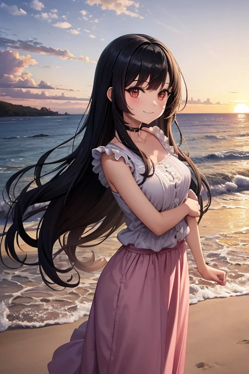 A girl with long black hair and bangs, wearing pink frills and clothes, standing smiling on the beach at sunset.