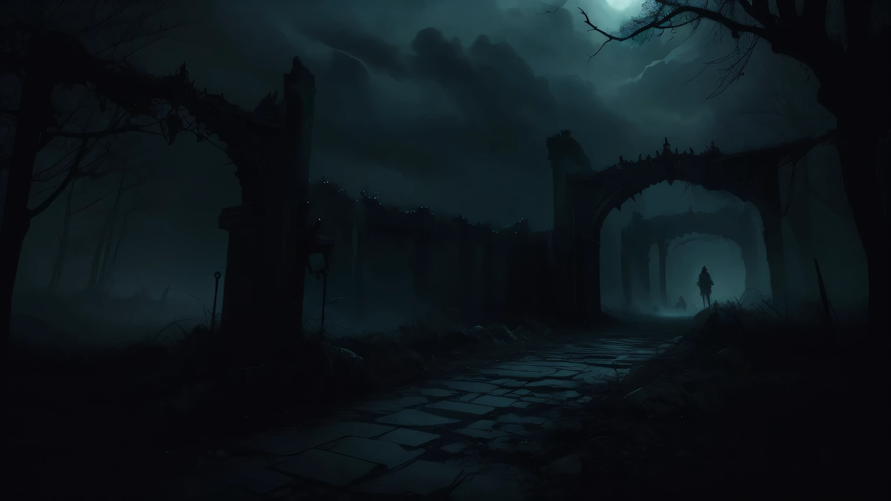 (anime, fantasy, hell gate), (masterpiece, best quality, highres, HDR:1.2), cold color palette, ominous atmosphere, underworld, haunting and mesmerizing, horrifyingly enchanting, ethereal beauty, unsettling, otherworldly, general shot, ethereal light, fantastical landscapes