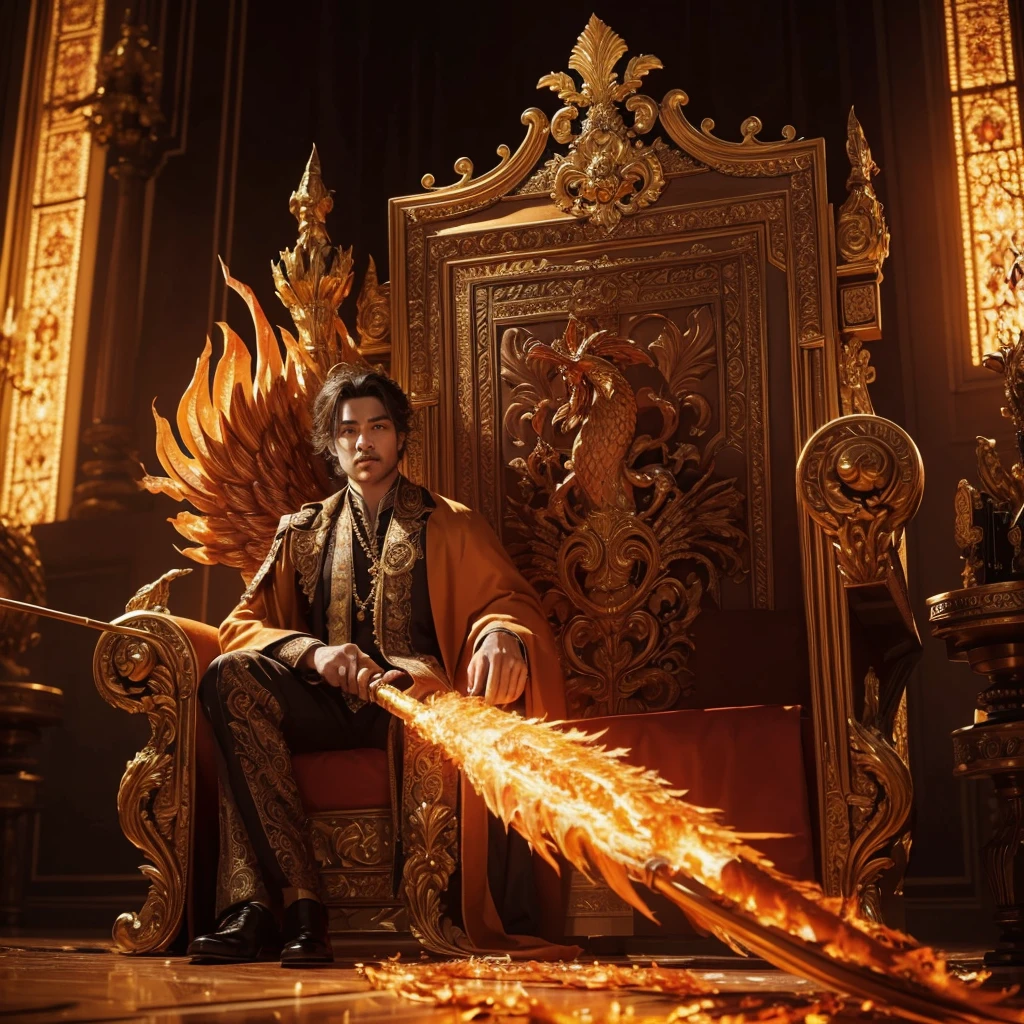 A majestic fire king in a royal suit, sitting on a throne, holding a fiery phoenix bird in one hand and a spear in the other, detailed intricate ornate design, ornate throne room, dramatic lighting, cinematic, epic scale, digital art, fantasy art, highly detailed, 8k, photorealistic, award winning