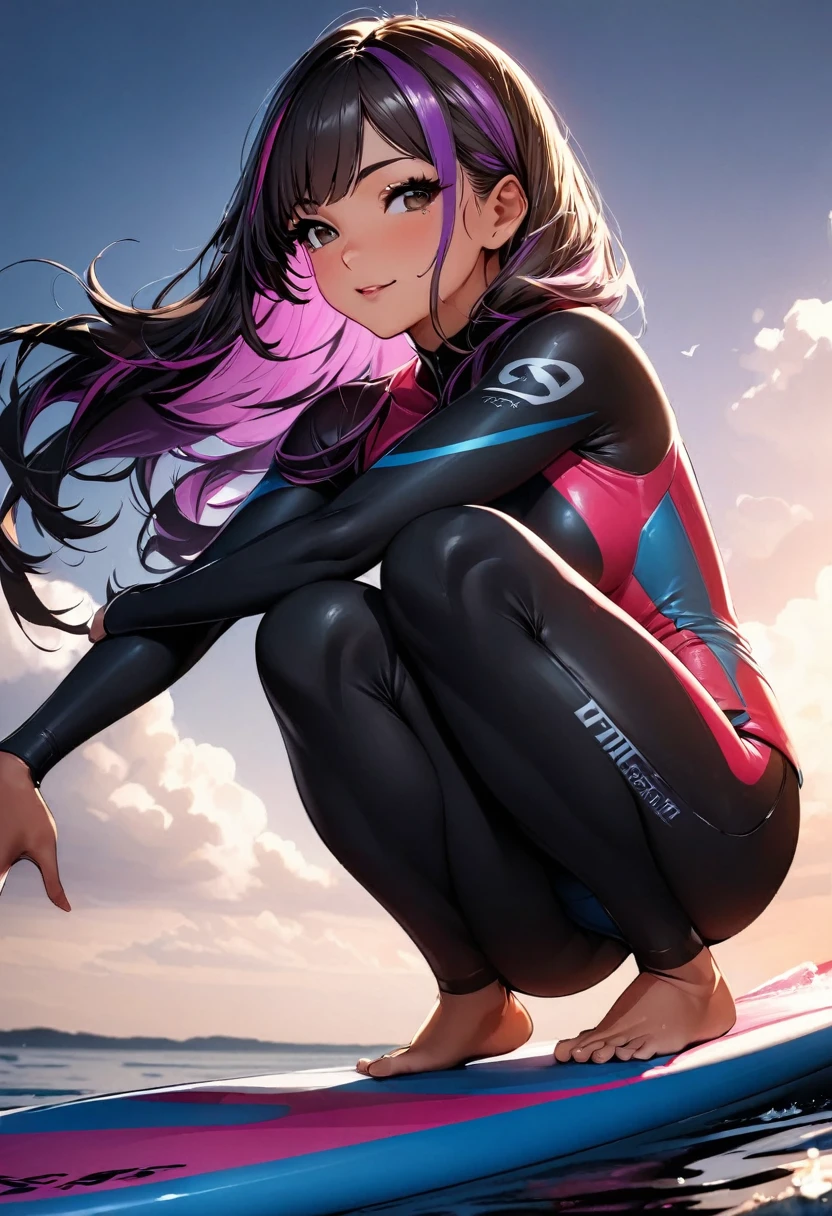 (highest quality:1.2, Very detailed, up to date, Vibrant, Ultra-high resolution, High Contrast, masterpiece:1.2, highest quality, Best aesthetics), Portraiture、girl、((25-years-old:1)), standing on surfboard, (squatting:0.8) balancing, (dynamic posing), (stylish wetsuit) surfer, Bright colors、Beautiful fine details、Beautiful lip detail, long hair、black and purple ((streaked hair:1.6)), highlights hair: 1.5, brown eyes, ((slim body:1.4)), (small breast:0.7), (dark skin:0.5), surfing wear, side view