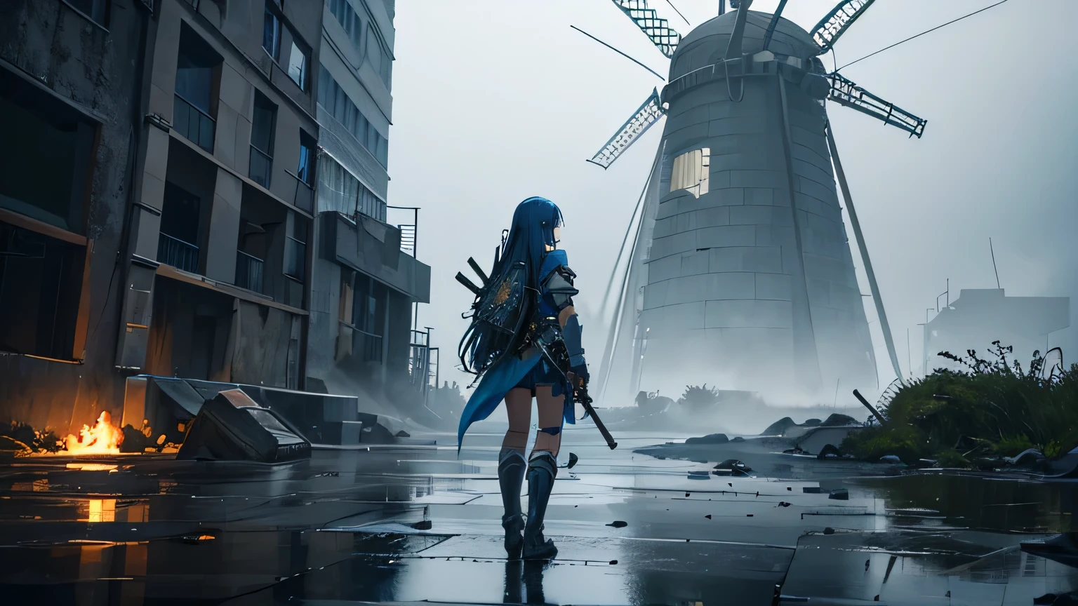 A blue-haired anime girl in detailed, battle-worn armor stands boldly on a rain-soaked battlefield, gripping a glowing, rune-etched sword and an ornate shield, facing away from the camera to reveal the intricate details of her armor and equipment. Her wet hair flows in the wind. In the distance, a post-apocalyptic city with decaying buildings and a giant windmill looms under a foggy, overcast sky. Dark clouds unleash a torrential downpour, creating realistic reflections in puddles and streams of water. The landscape is littered with remnants of a bygone era. Every raindrop is visible, bouncing off her armor, enhancing the scene's movement and realism. The scene is rendered in a 2D art style reminiscent of retro 80s video games, with a vibrant color palette and rich, pixelated details