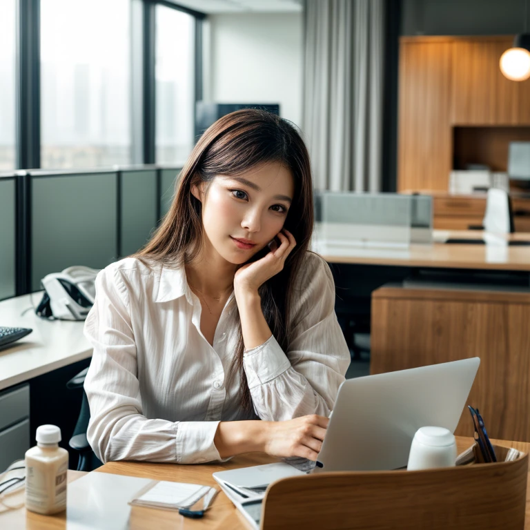 A photo of an Asian woman in an modern office, with (a lotion glass bottle:1.05) on the desk. The office is professional with modern furniture and natural lighting. The woman has a serene and focused expression, (8k, masterpiece:1.5), score_9, natural skin, skin texture, (perfect hands:1.1)