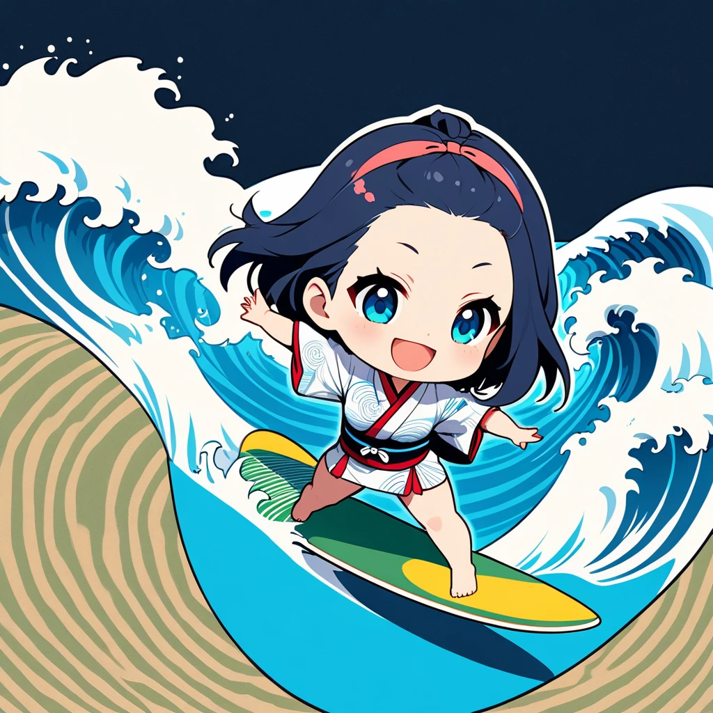 ultra-small deformation, Chibi Cute, 1girl, solo, full body, professional surfer, wearing a Japanese kimono, surfing posture, standing on a tatami board floating wave of the sea, big wave, smile, open mouth, High contrast and vivid color, simple background